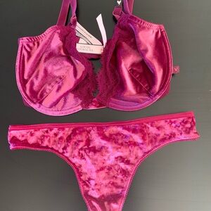 Victoria's Secret Underwire Velvet Demi Bra Burgundy Size 34DDD & Thong Size L🆕